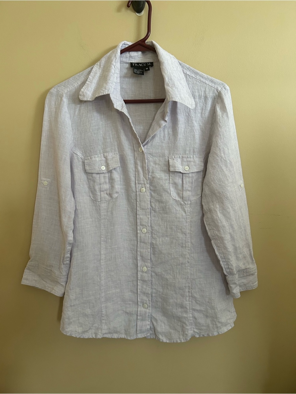 Tracy M Classic Light Lavender Linen Button-Up 3/4 Sleeve Shirt